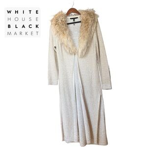 White House Black Market Cream Long Cardigan w/ Faux Fur Collar Gold Flecks
